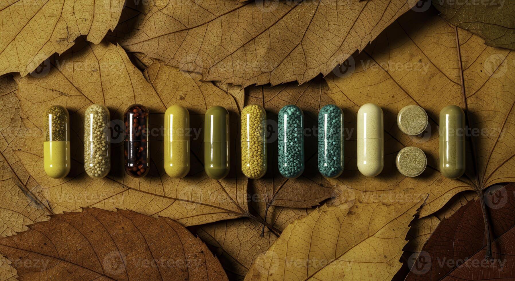 Various capsules and pills are arranged on a bed of dry leaves, showcasing a blend of natural elements and pharmaceutical products, suggesting health, wellness, and alternative medicine. photo