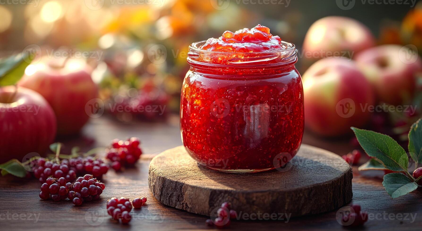 Freshly made berry jam in a jar. A jar of vibrant berry jam sits on a wooden slice, surrounded by fresh apples and berries in a natural setting. photo