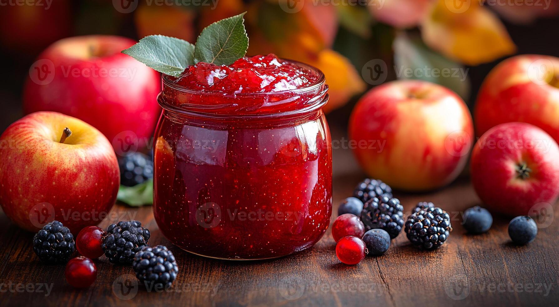 Homemade apple and berry jam in a jar. Freshly made jam sits in a jar surrounded by apples and berries on a wooden surface, capturing the essence of autumn. photo