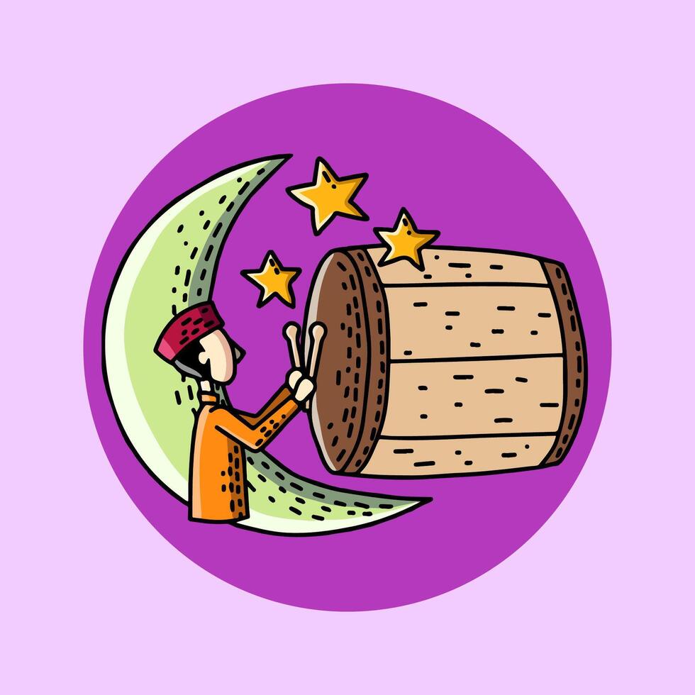 Muslim man playing bedug on the last night of Ramadan. Eid mubarak vector
