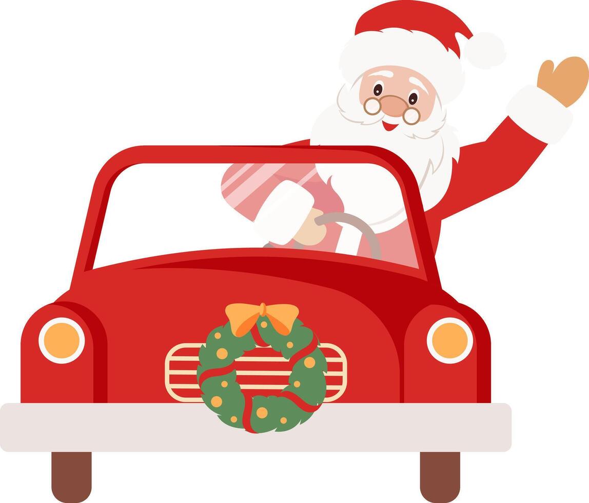 Christmas car with Santa Claus as the driver. Flat style illustration. For Christmas cards, banners and labels. Holiday character. Hand drawn. vector