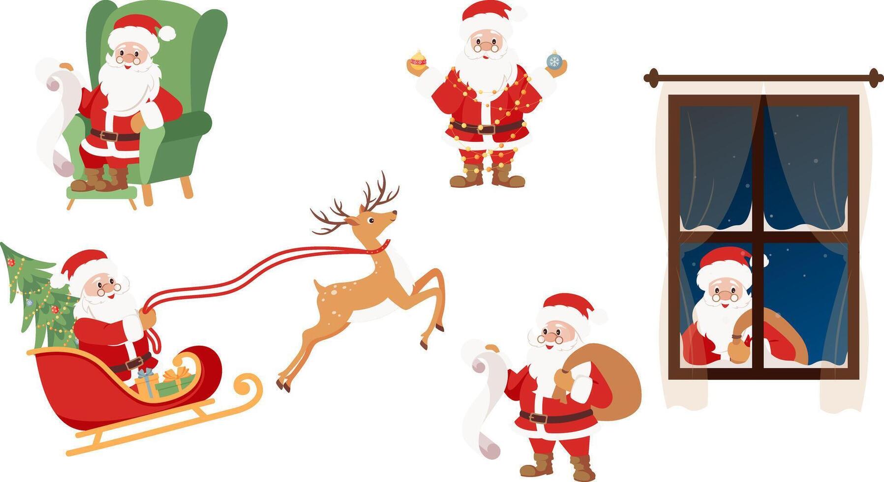 Set of cute Santa Claus characters in different poses, emotions, holiday situations isolated on white background. Hand drawn illustration. vector