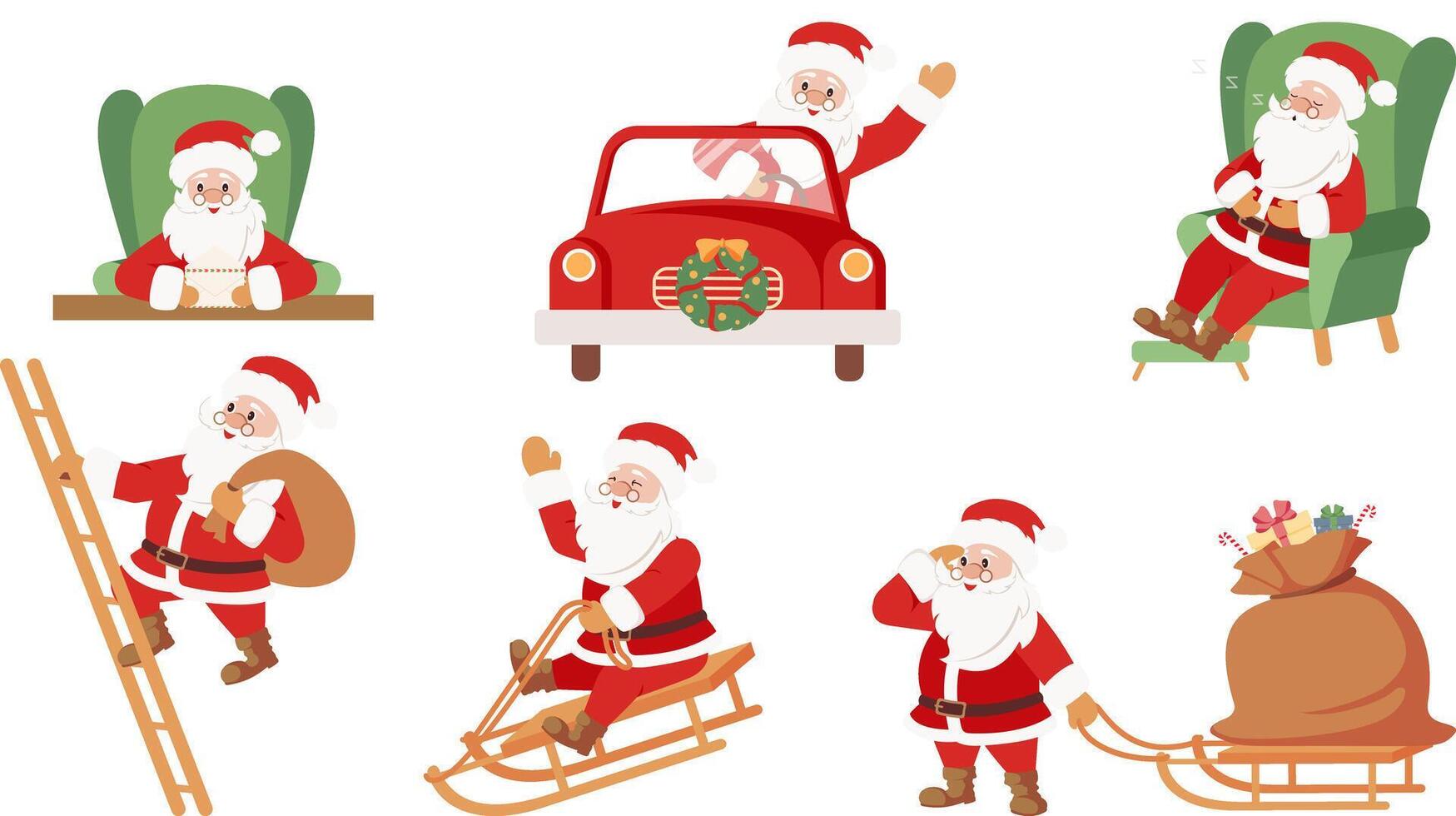 Set of cute Santa Claus characters in different poses, holiday situations isolated on white background. Hand drawn illustration. vector