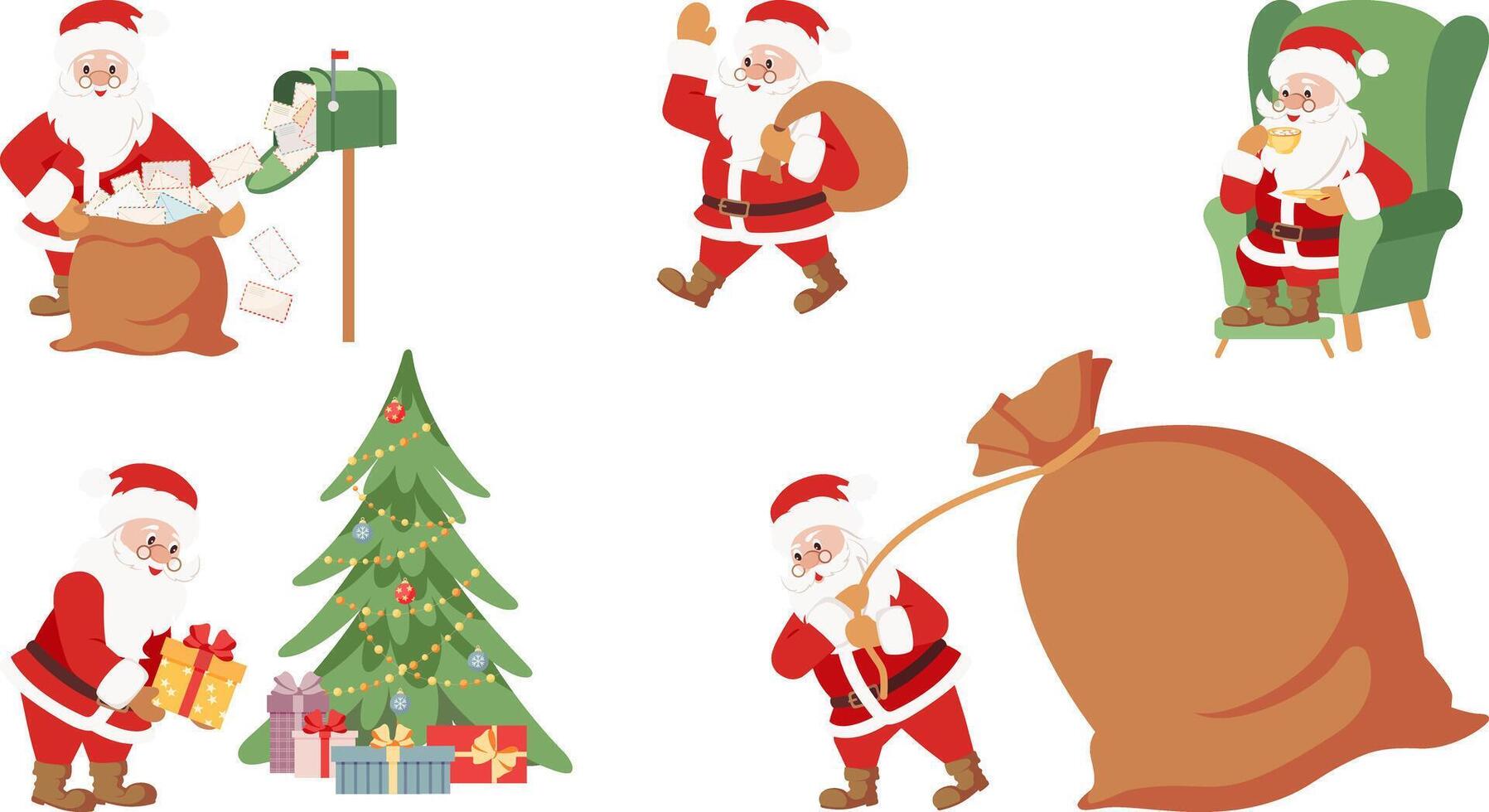 Set of cute Santa Claus characters in different poses, emotions, holiday situations isolated on white background. Hand drawn Christmas illustration. vector