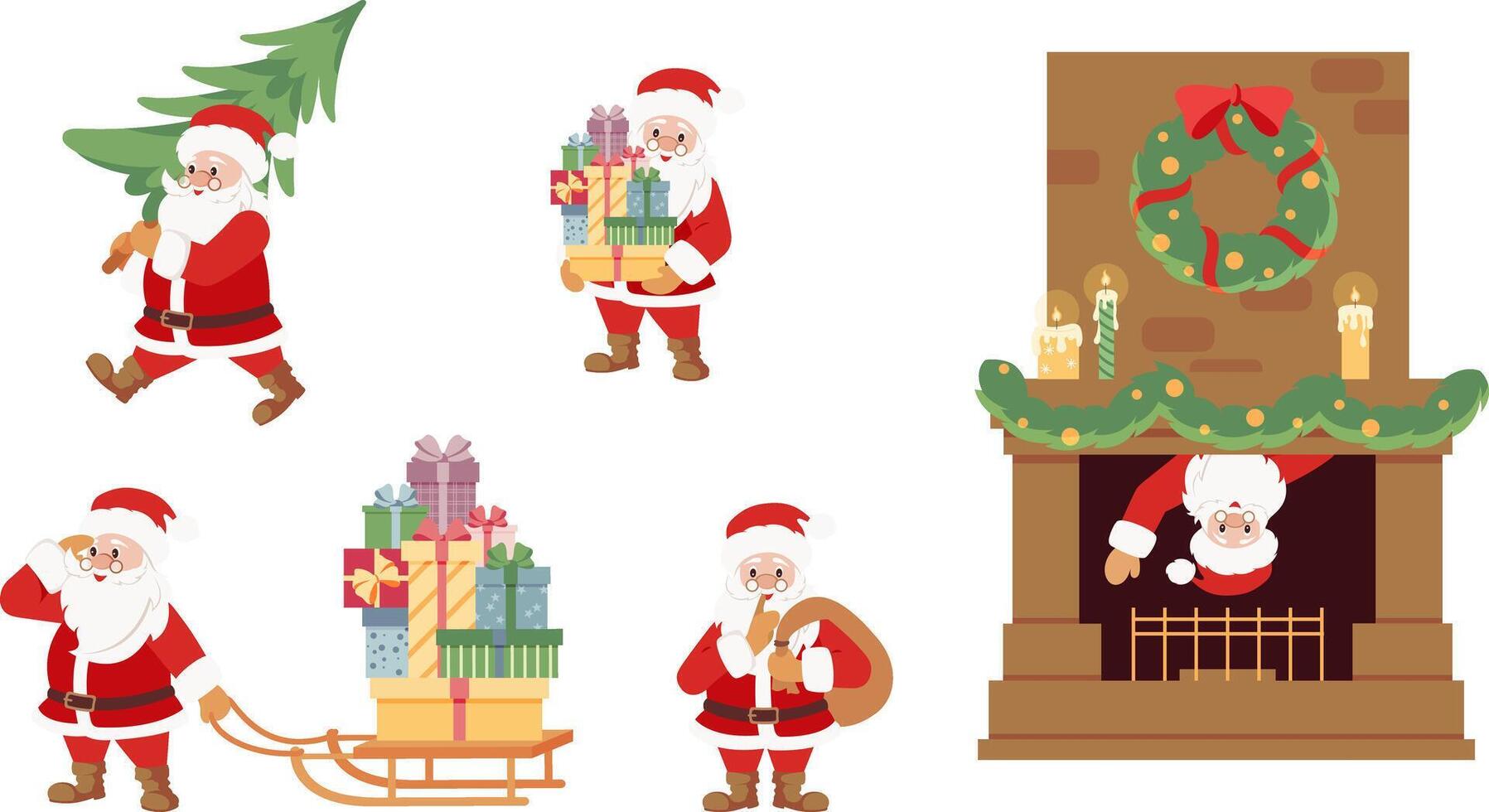 Set of cute Santa Claus characters in different poses, holiday situations isolated on white background. Hand drawn Christmas illustration. vector