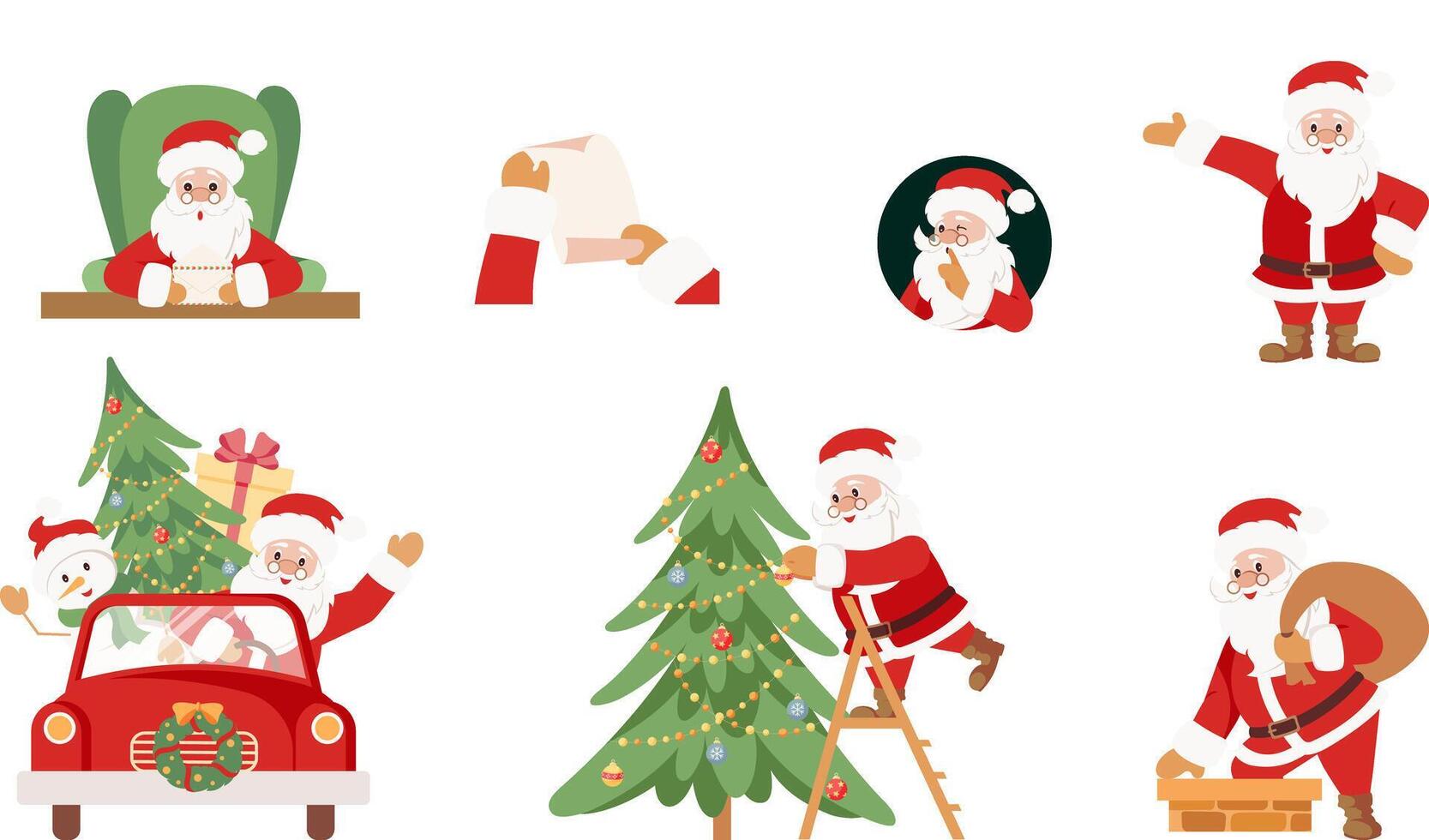 Set of cute Santa Claus characters in different poses, emotions, holiday situations. Hand drawn illustration. vector