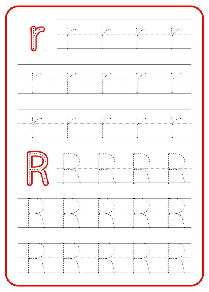 Letter R tracing. A worksheet for children's writing practice. vector