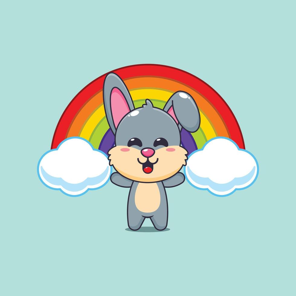 Cute rabbit cartoon illustration with rainbow vector
