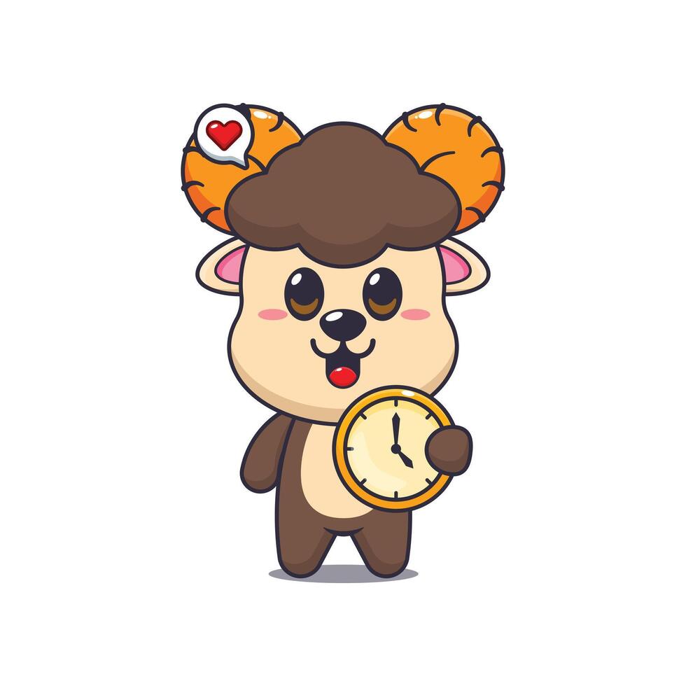 Cute ram cartoon illustration with clock vector