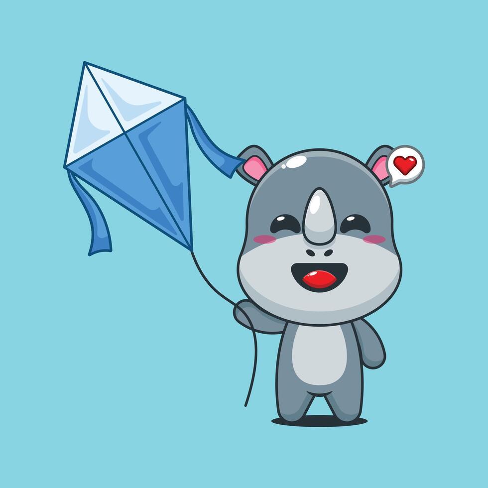 Cute rhino cartoon illustration playing kite vector