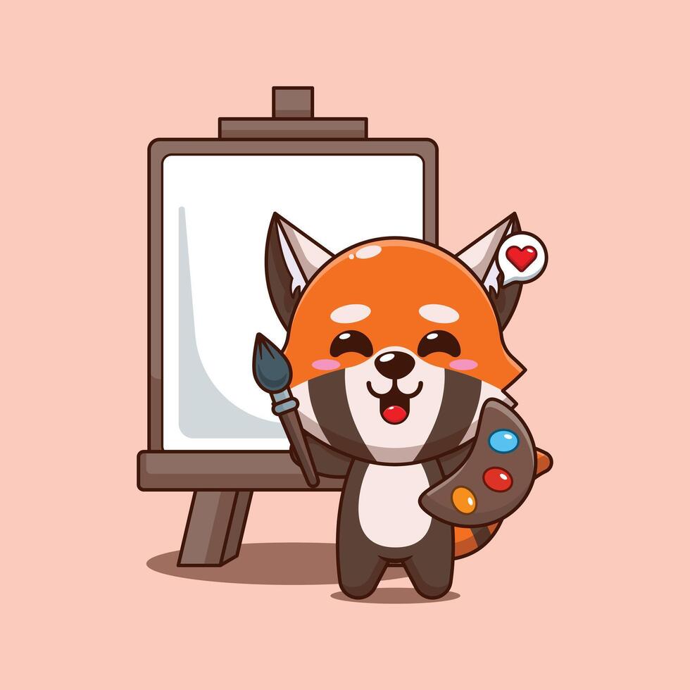 Cute red panda cartoon illustration wants to paint on canvas vector