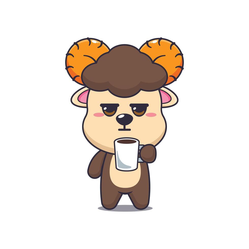 Cute ram cartoon illustration is tired and sleepy holding coffee vector