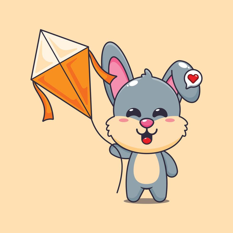 Cute rabbit cartoon illustration playing kite vector