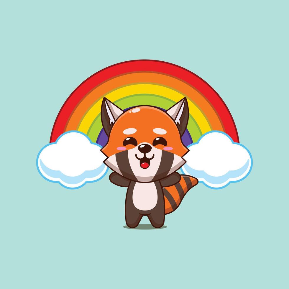 Cute red panda cartoon illustration with rainbow vector