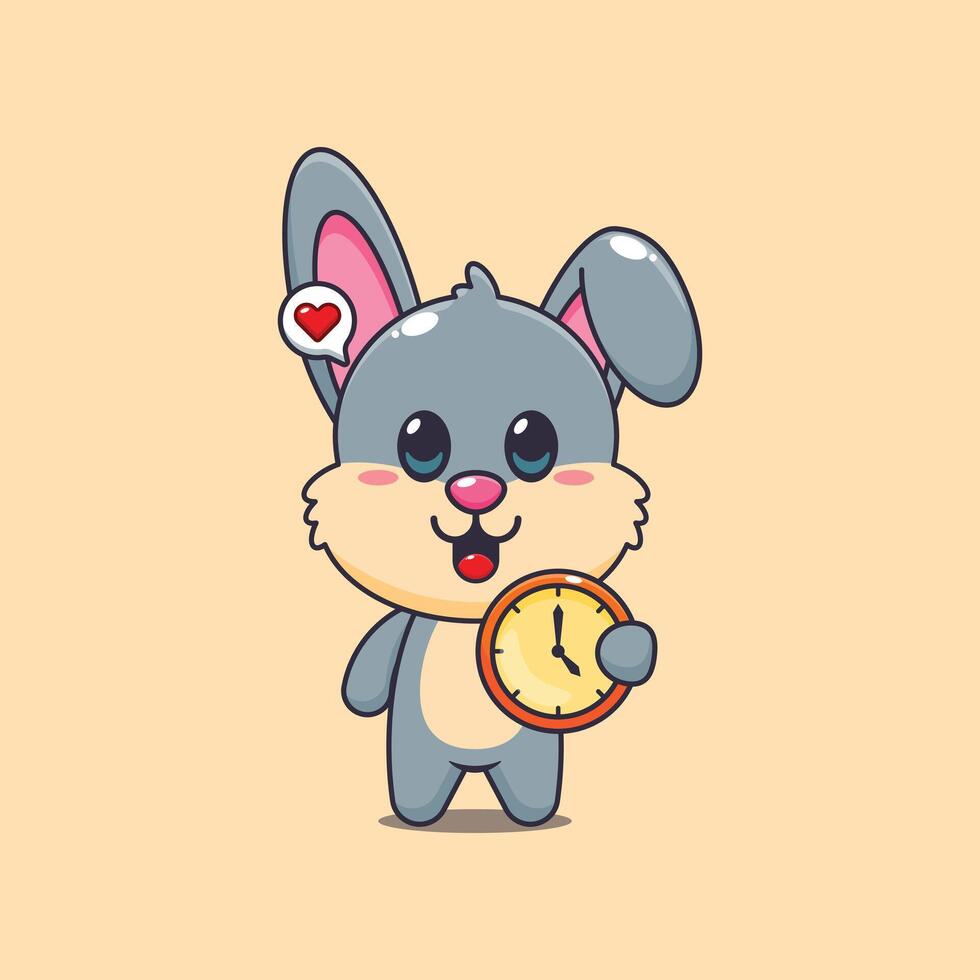 Cute rabbit cartoon illustration with clock vector