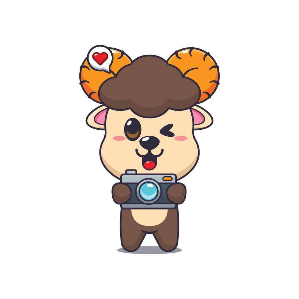 Cute ram cartoon illustration with camera vector