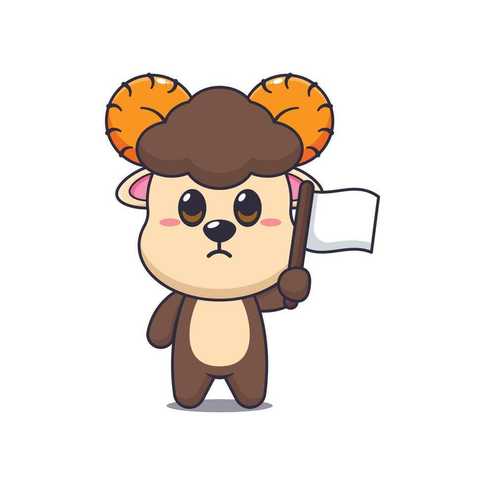 Cute ram cartoon illustration with white flag vector