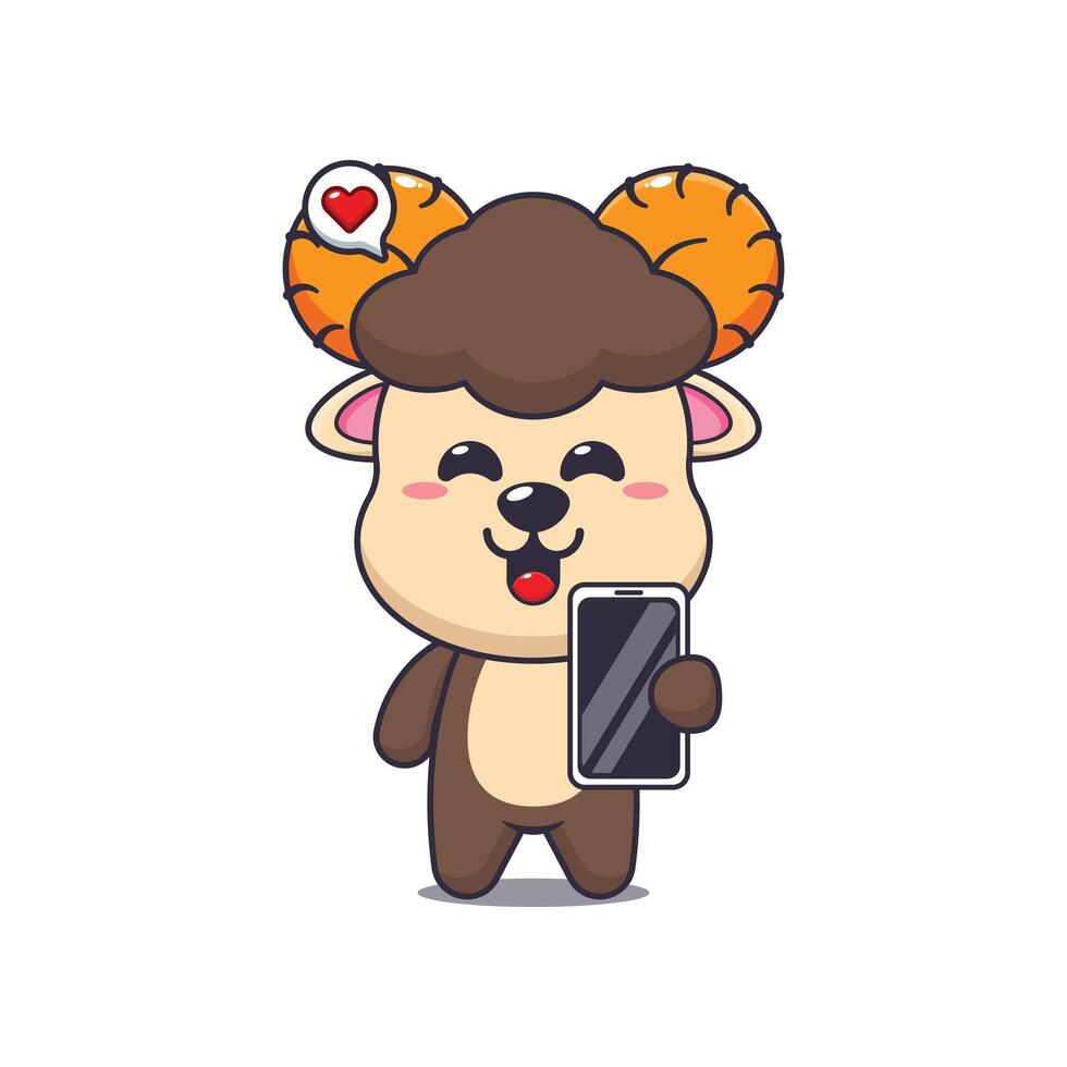 Cute ram cartoon illustration with mobile phone vector