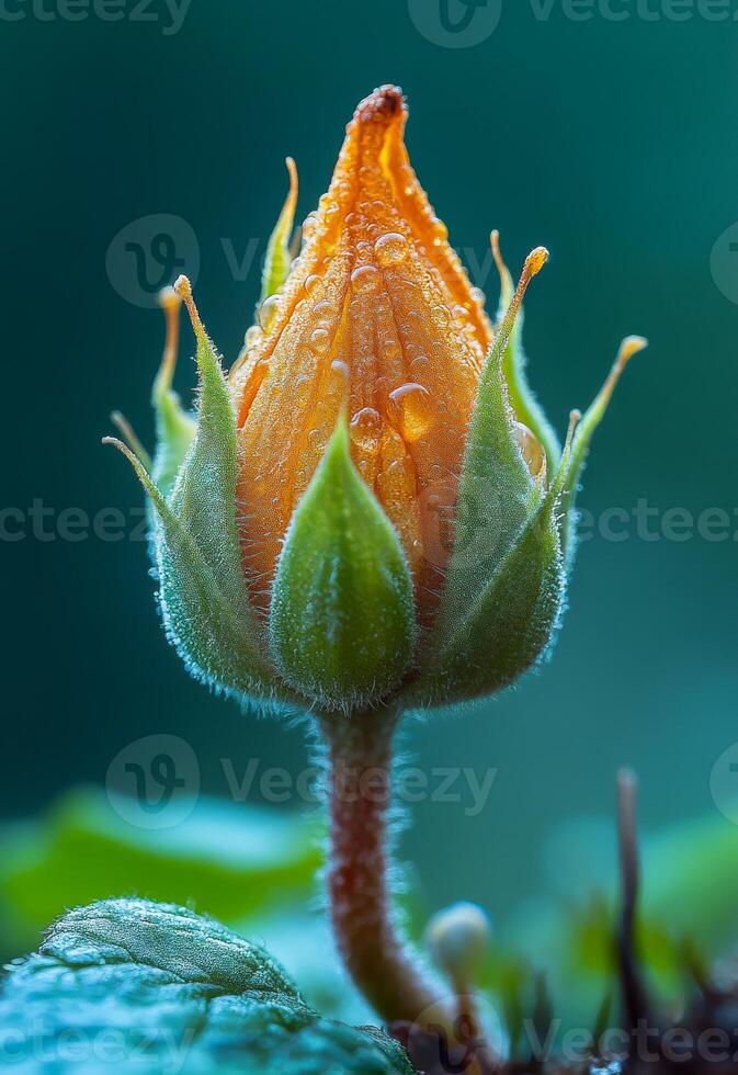 Orange flower bud with dew in garden. A vibrant orange flower bud stands tall, adorned with fresh dew drops, surrounded by lush green leaves in a garden. photo