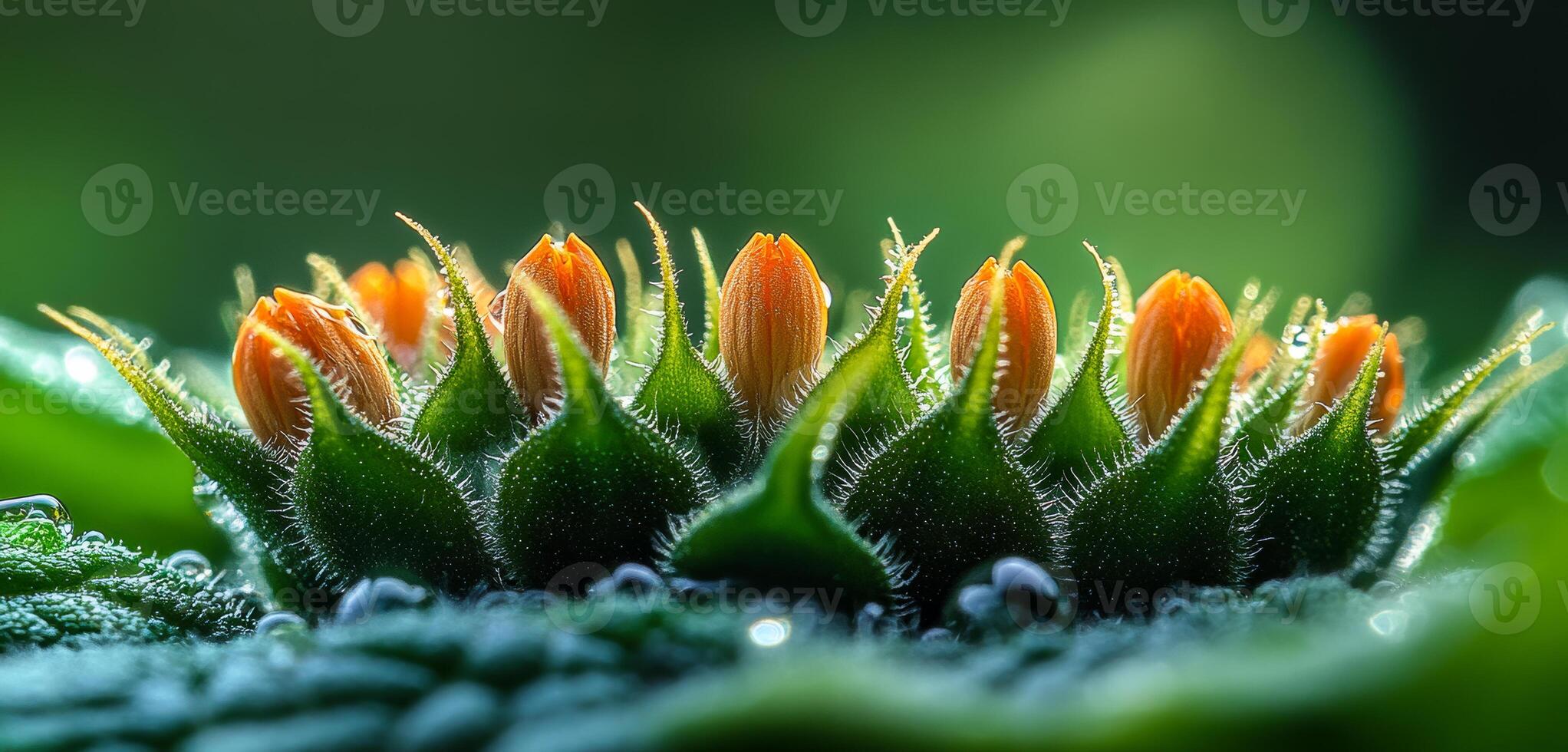 Close-up of blooming flowers in dew. Delicate orange buds emerge from a green stem, glistening with droplets in a tranquil, natural setting. photo