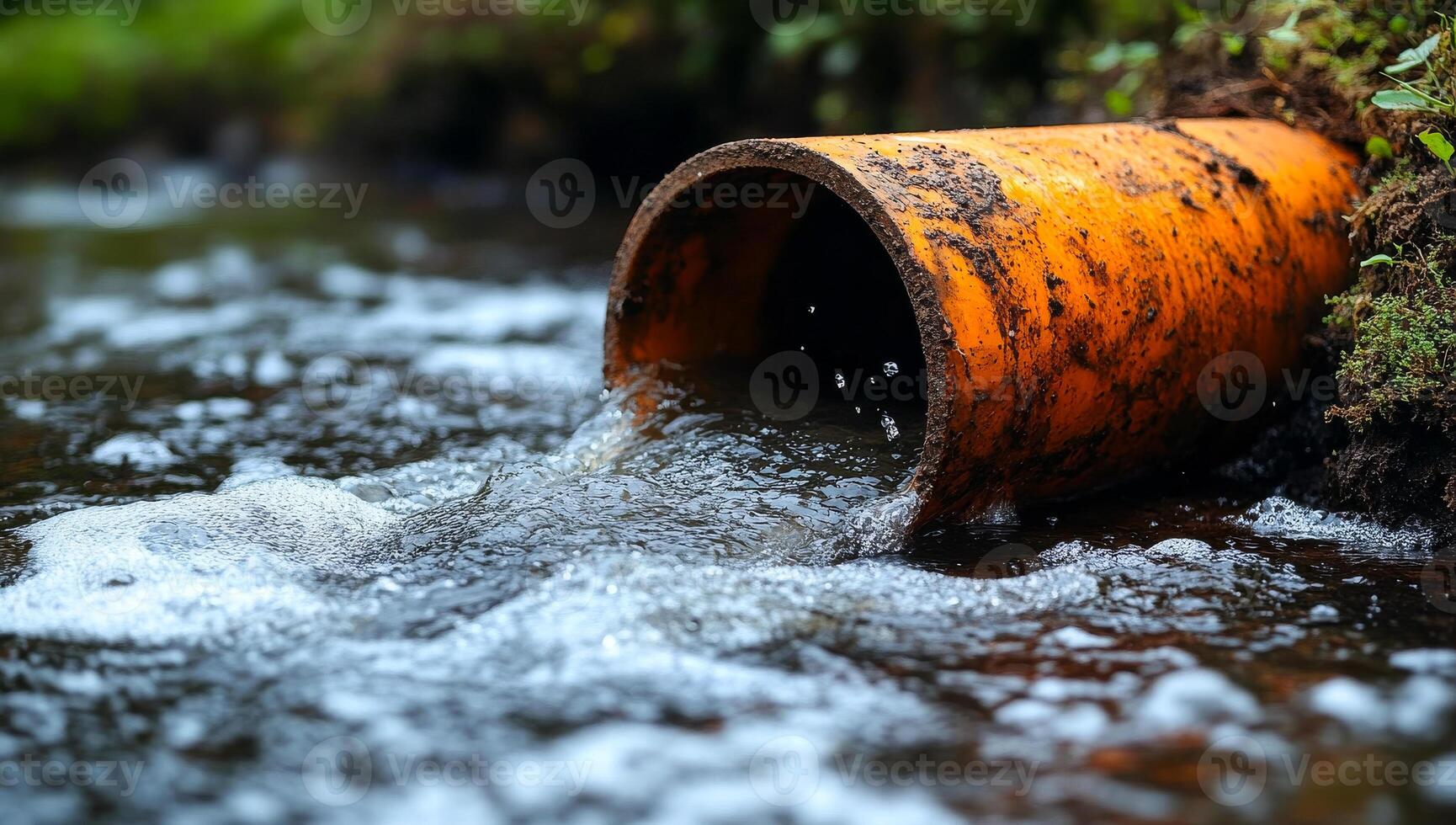 Pollution from pipe contaminates stream. Orange pipe discharges water into a stream, leading to bubbles and possible pollution in the natural setting. photo