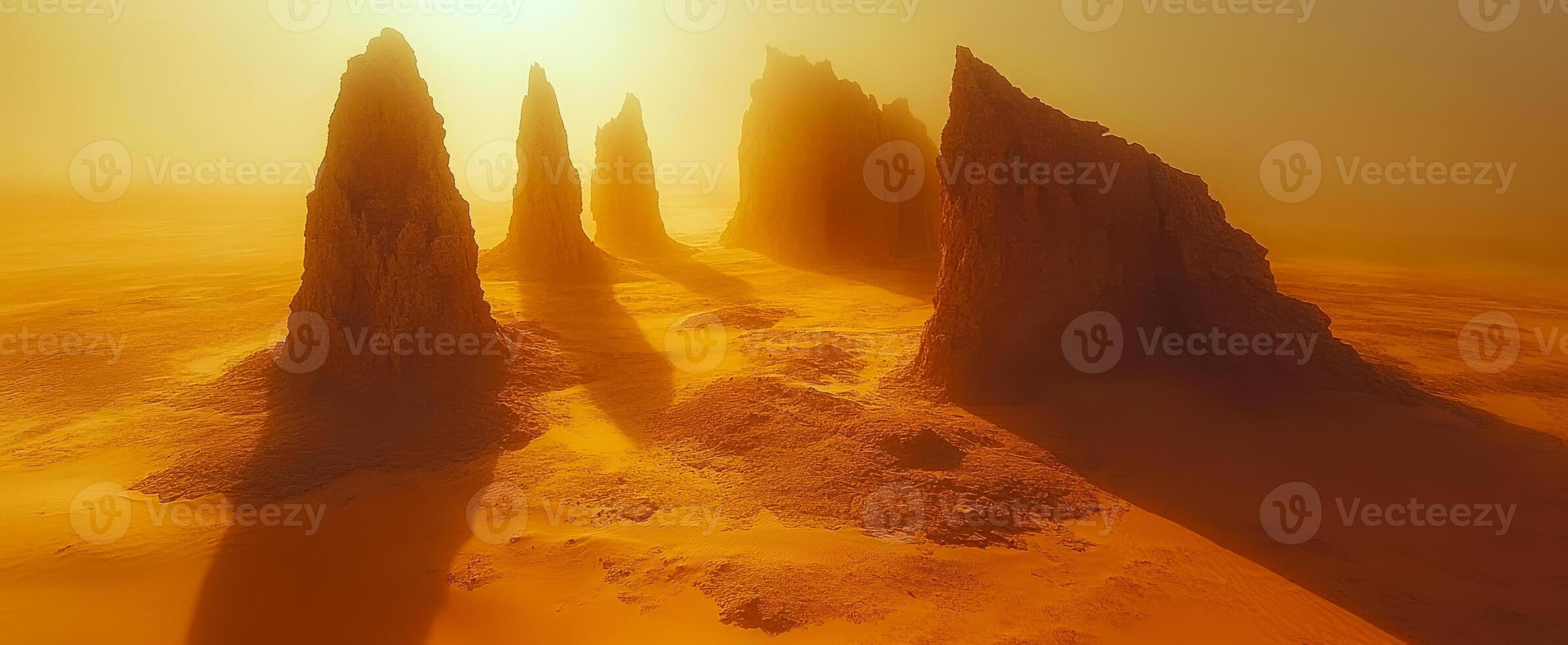 Rock formations under a glowing sunset. Stunning rock formations rise against a warm sunset, casting long shadows on the sandy landscape in golden hues. photo