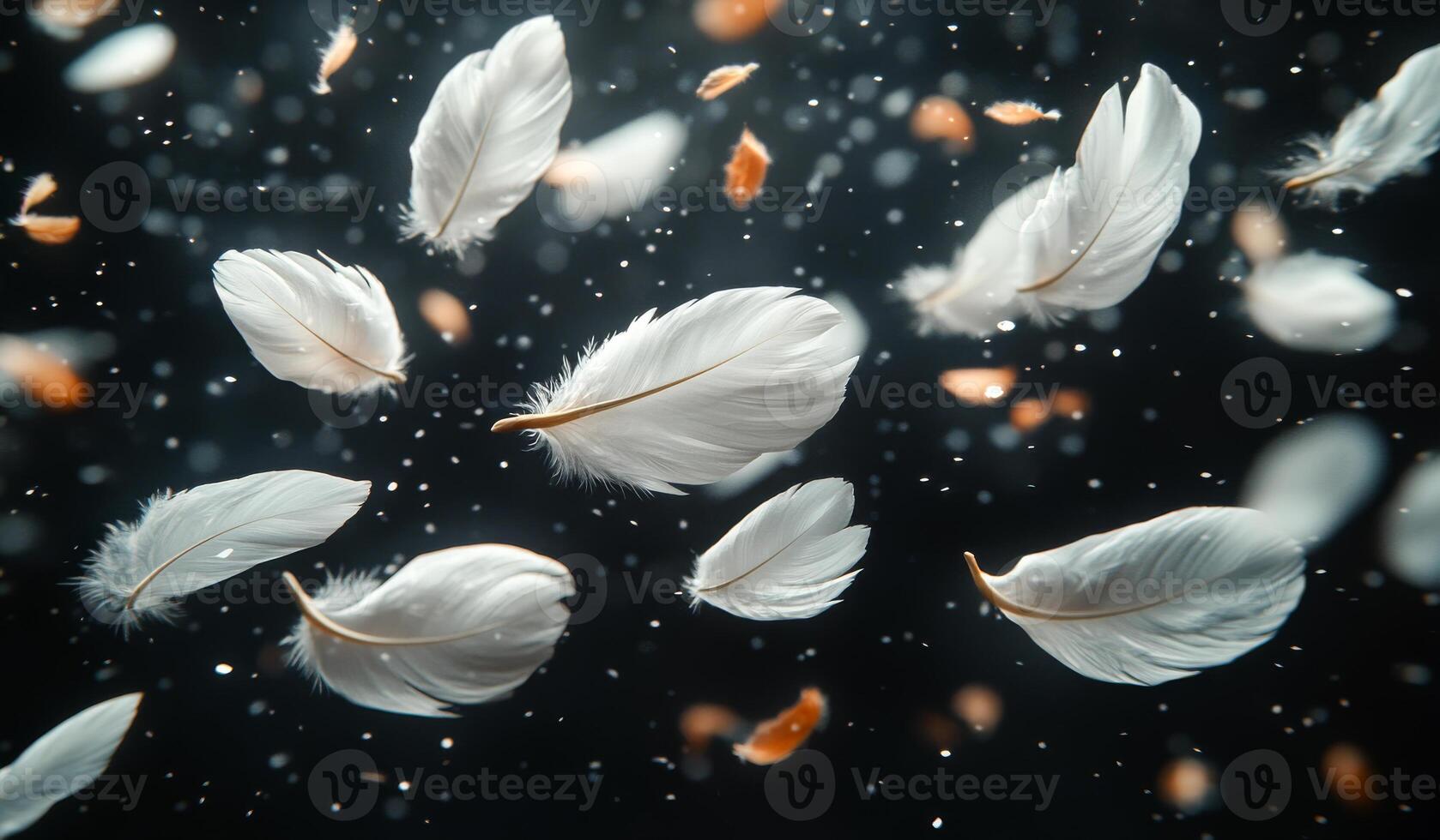 Floating white feathers in dark space. Delicate white feathers drift gracefully amidst a dark backdrop, creating a mesmerizing atmosphere of tranquility. photo