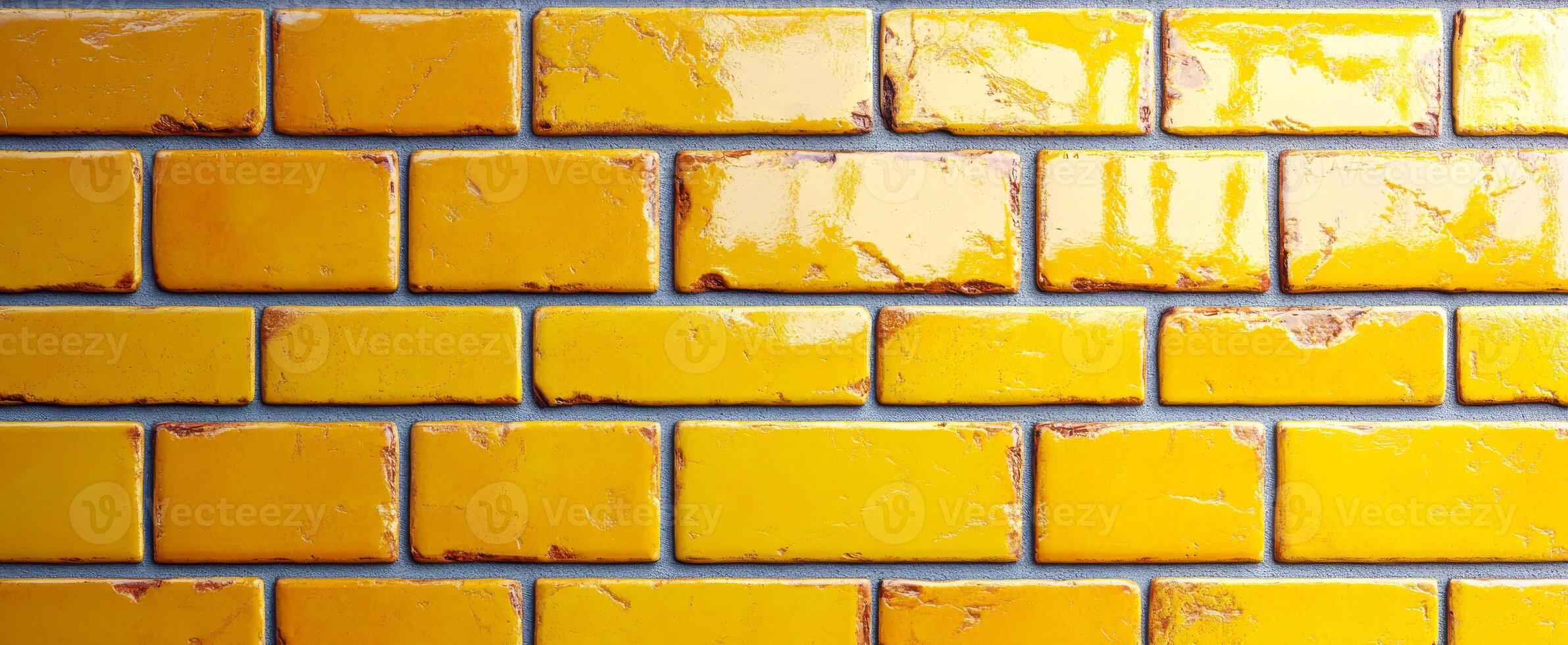 Bright yellow glazed tiles on a wall. Glazed yellow tiles create a vibrant surface on the wall, showcasing a warm and cheerful atmosphere. photo