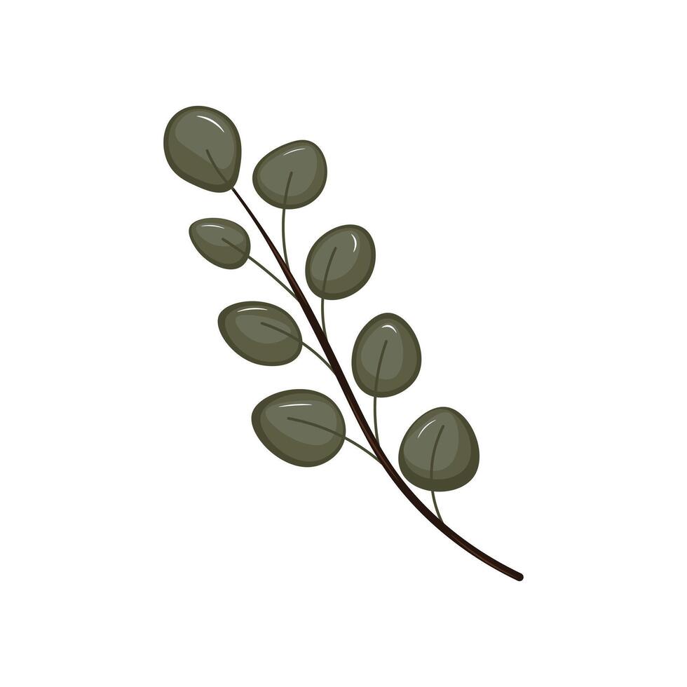 Green leaves on twig in flat design. Springtime garden leaflets branch. illustration isolated. vector