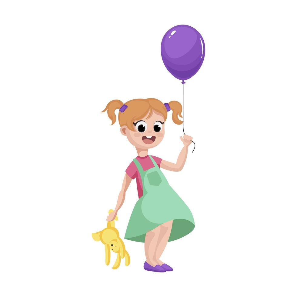 Cute girl with balloon in flat design. Smiling child holding toy rabbit. illustration isolated. vector