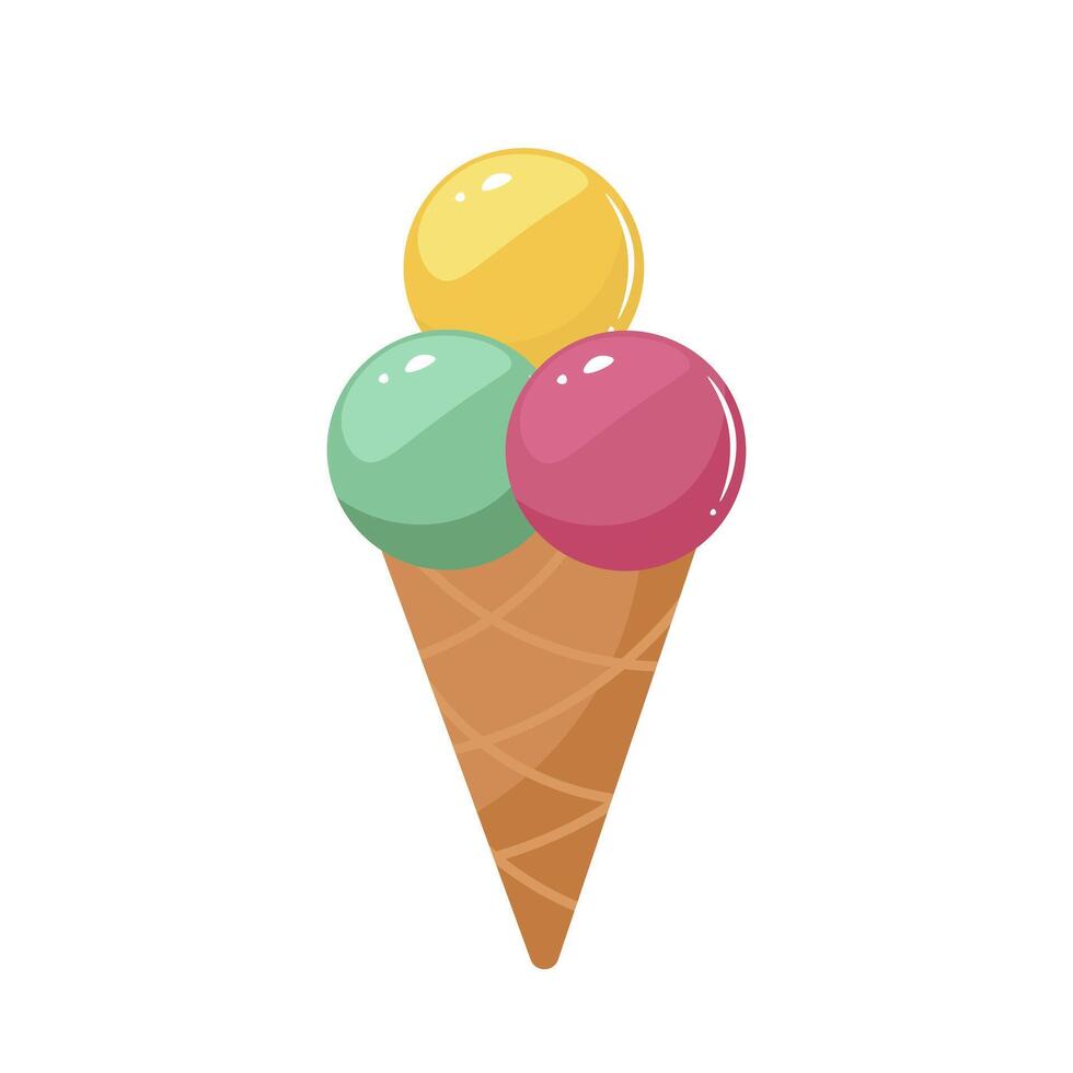 Ice cream in flat design. Sweet cold dessert with scoop balls in cone. illustration isolated. vector