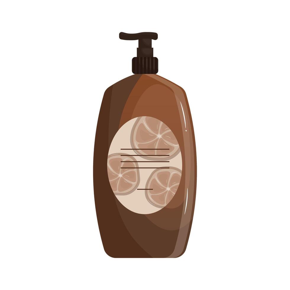 Shampoo bottle with lemons in flat design. Beauty product for hygiene. illustration isolated. vector