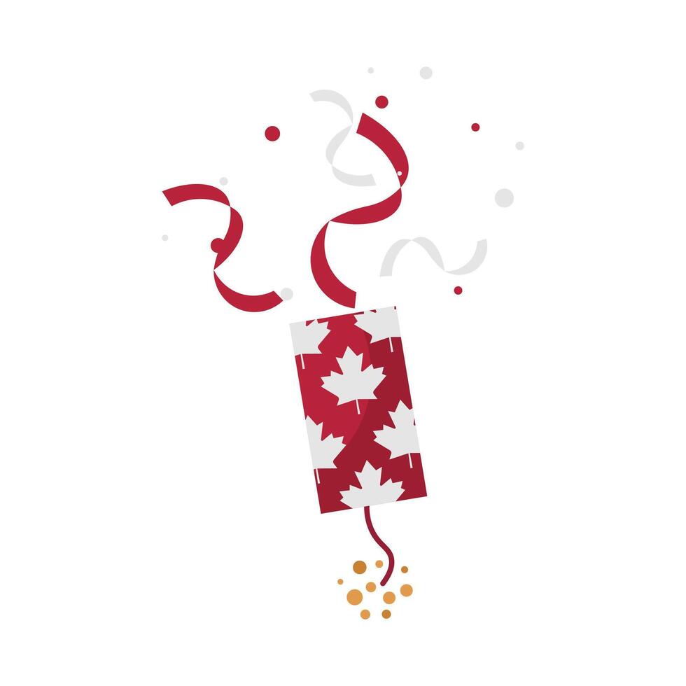 Confetti popper with Canada maple leaf print in flat design. Holiday firecracker. illustration isolated. vector