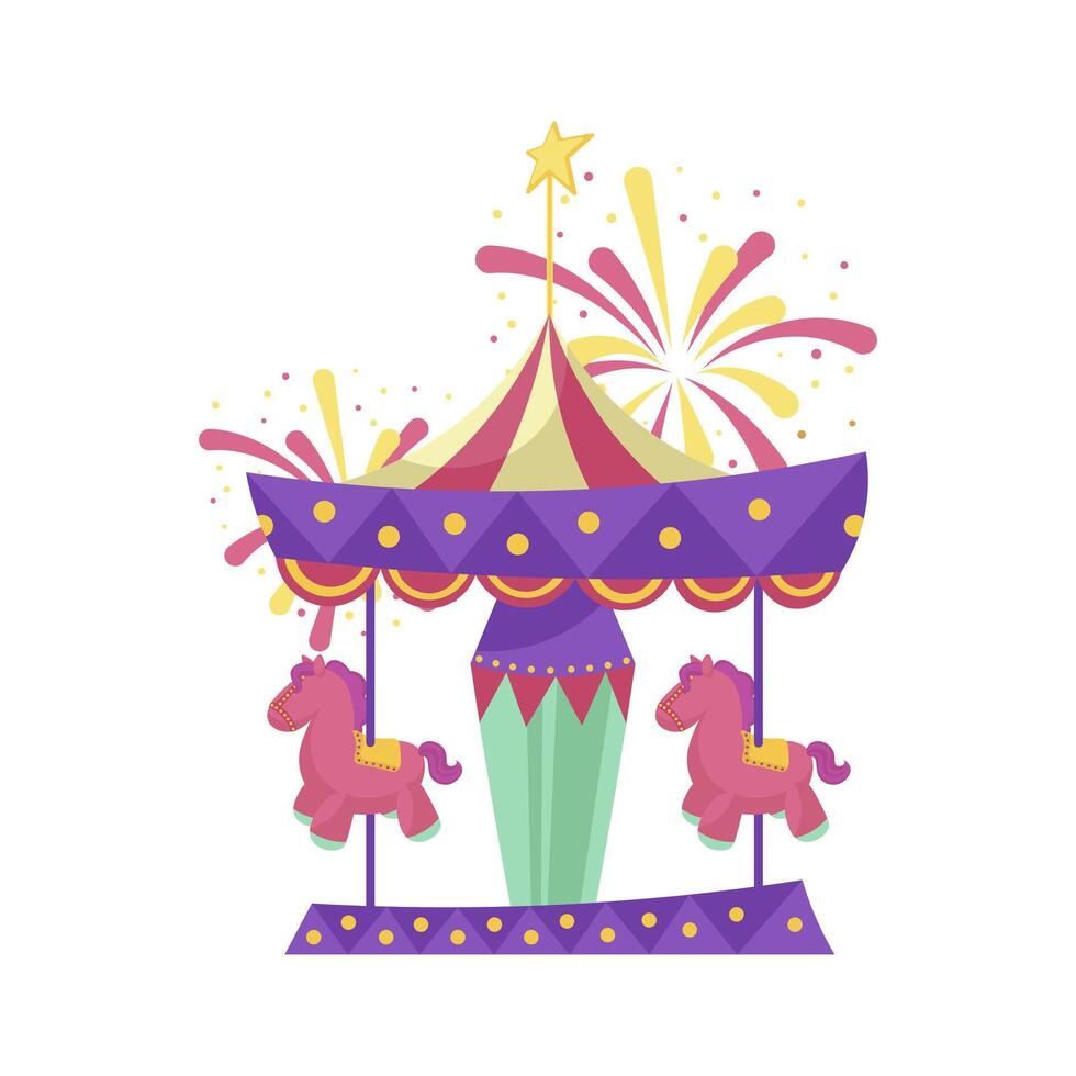 Classic carousel with horse in flat design. Amusement park entertainment. illustration isolated. vector