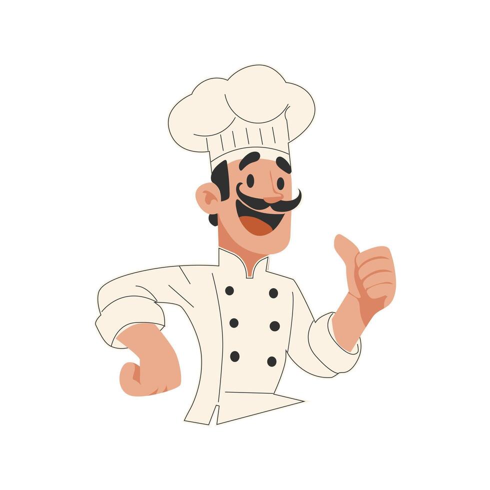 French chef in uniform in flat design. Culinary mascot cooking in restaurant. illustration isolated. vector