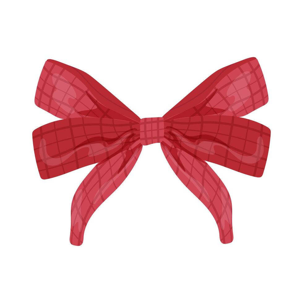Holiday red bow in flat design. Checkered textile decoration knot for gift. illustration isolated. vector