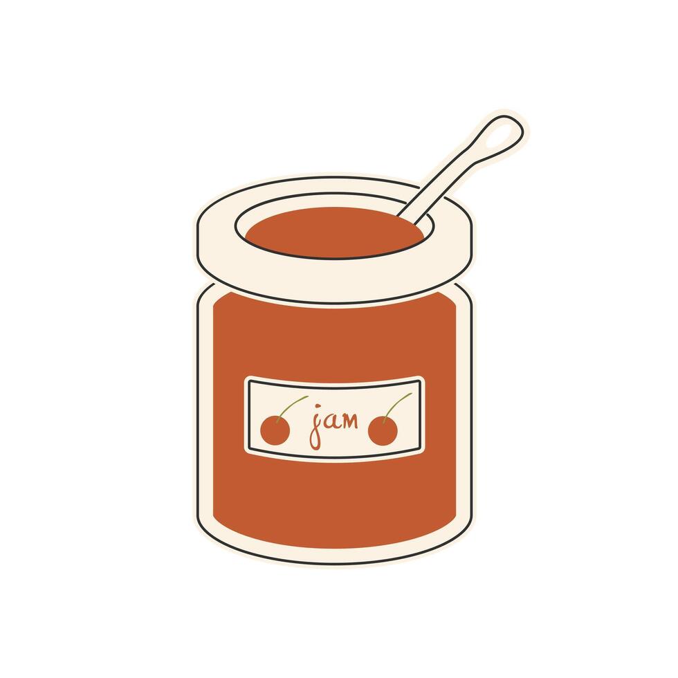 Cherry jam in jar in flat design. Sweet jelly dessert with red berries. illustration isolated. vector