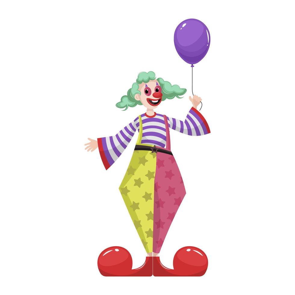 Fools day holiday clown in flat design. Circus comedian holding balloon. illustration isolated. vector