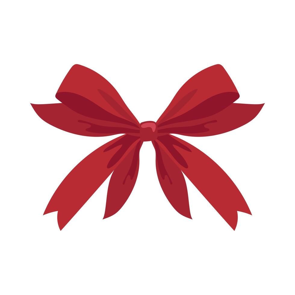 Holiday red bow in flat design. Elegance satin decoration knot with tapes. illustration isolated. vector