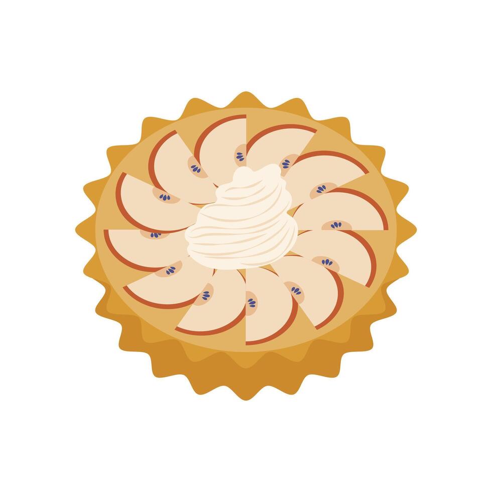 French apple pie in flat design. Sweet traditional pastry with fruit and cream. illustration isolated. vector