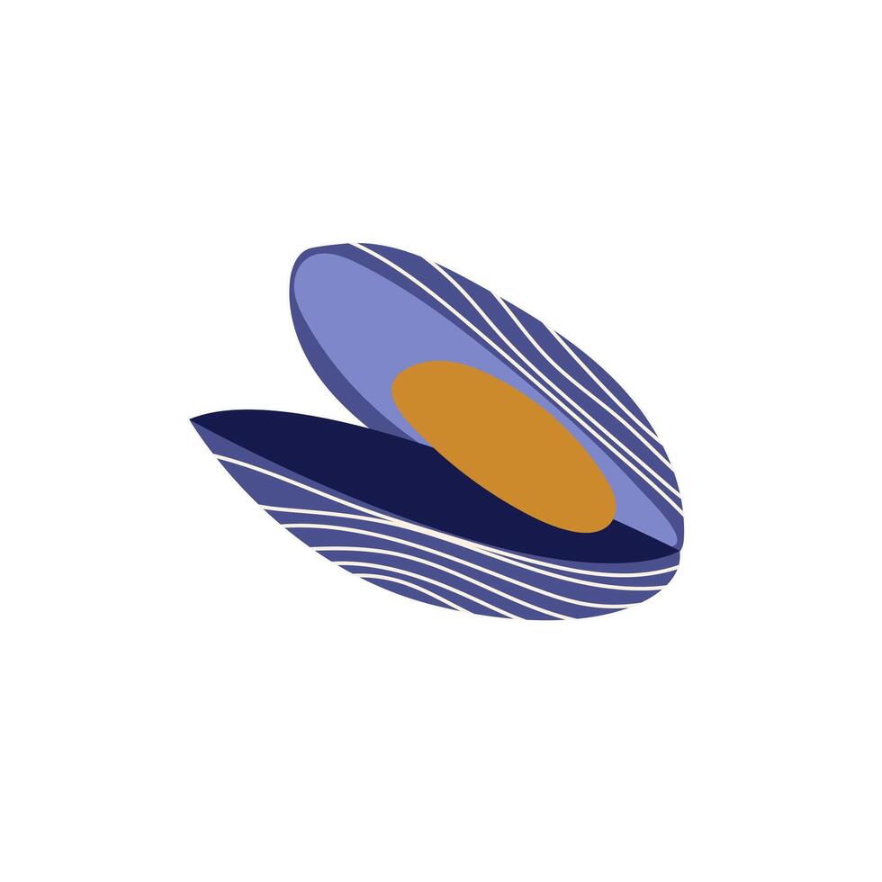 Mussel in flat design. Fresh seafood in shell, mollusc ingredient cooking. illustration isolated. vector