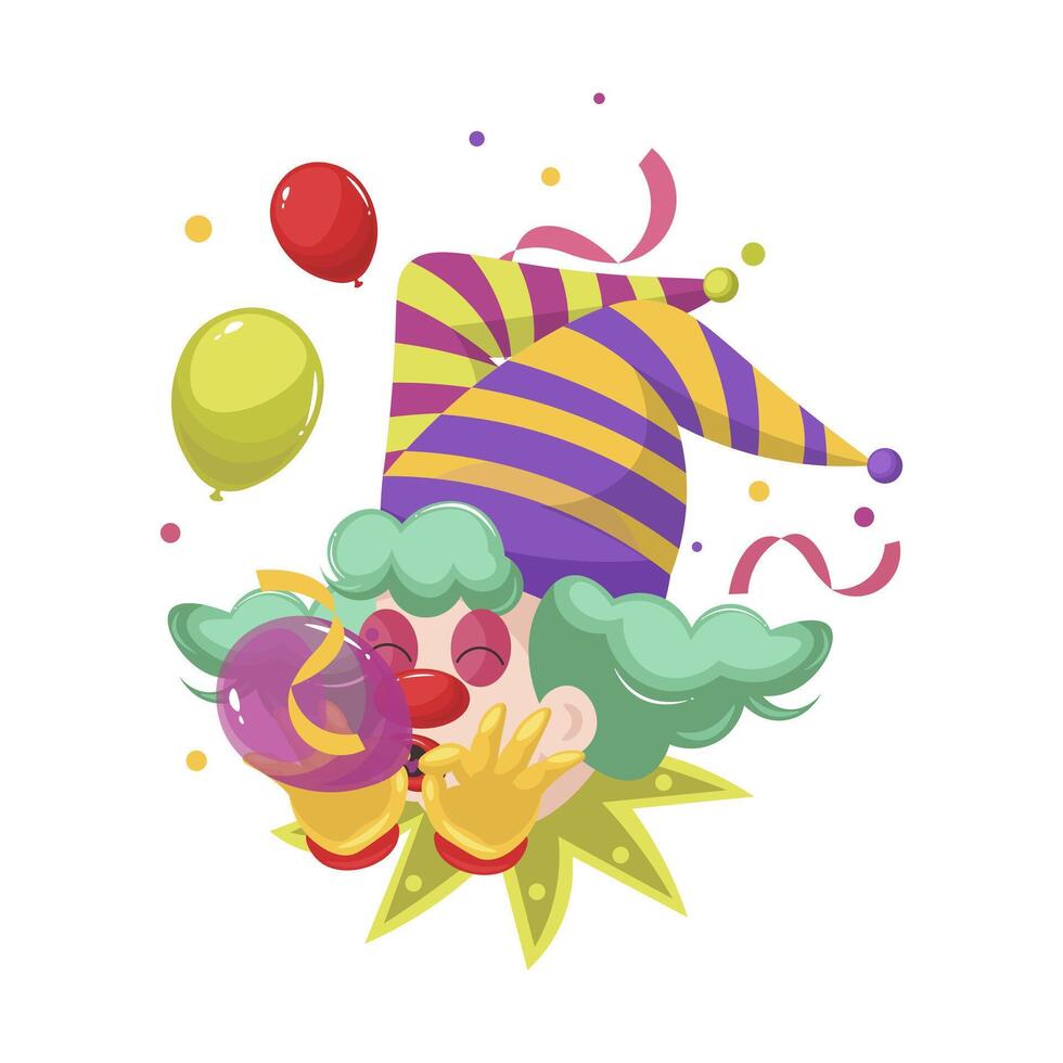 Fools day holiday clown in flat design. Circus comedian head blowing balloons. illustration isolated. vector