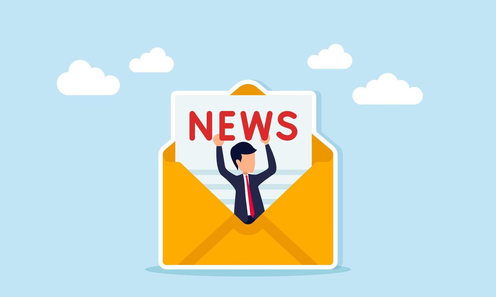 businessman emerging from an envelope filled with documents while lifting a text labeled NEWS, illustration of email broadcast related to news for customers vector