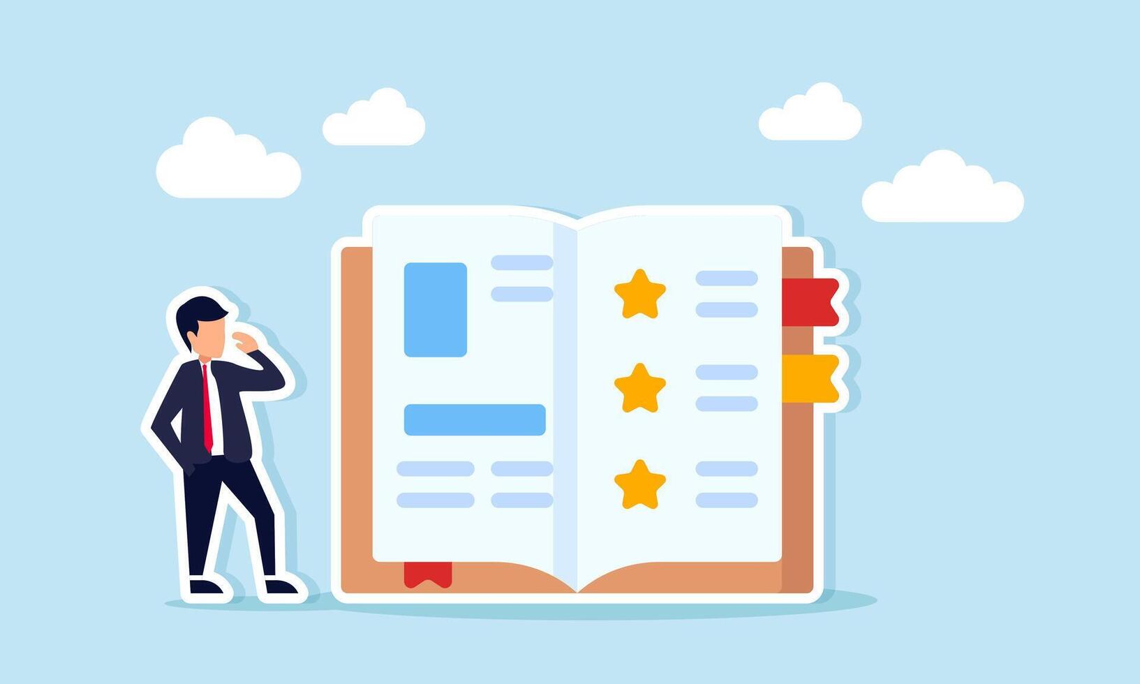 businessman standing next to a book with a star symbol, illustration of learning about product quality standards in business vector