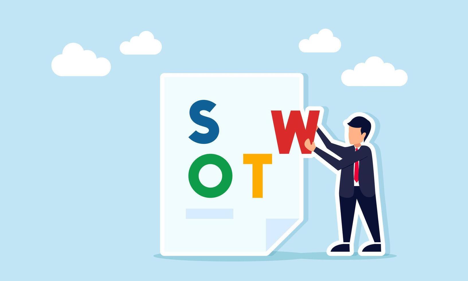 Businessman carrying the letter W to place and complete the word SWOT on a paper, illustration of preparing a report on Strengths Weaknesses Opportunities and Threats vector