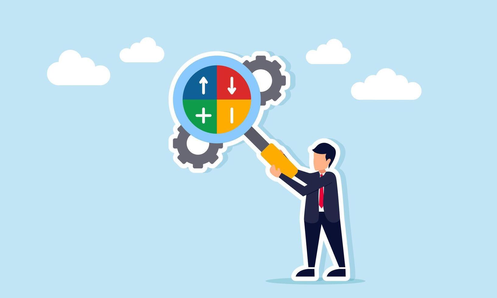Businessman hold a magnifying glass with up down arrows and plus minus signs to observe a gear system, illustration of analyzing pros and cons of a business or production system vector