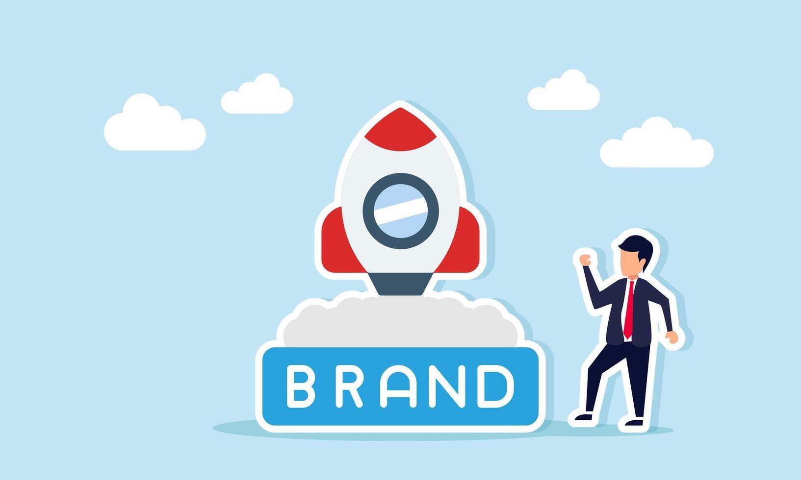 businessman standing next to a rocket launching from a board labeled BRAND, illustration of launching a startup business product vector