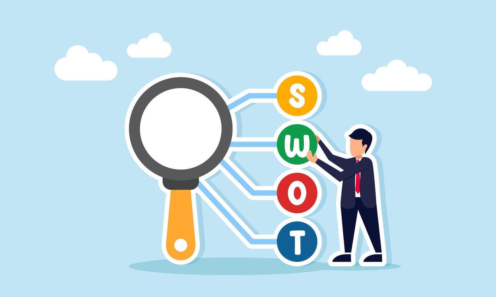 Businessman arrange the letter W among a row of letters to complete the word SWOT near a magnify glass, illustration of analysis of Strengths Weaknesses Opportunities and Threats vector