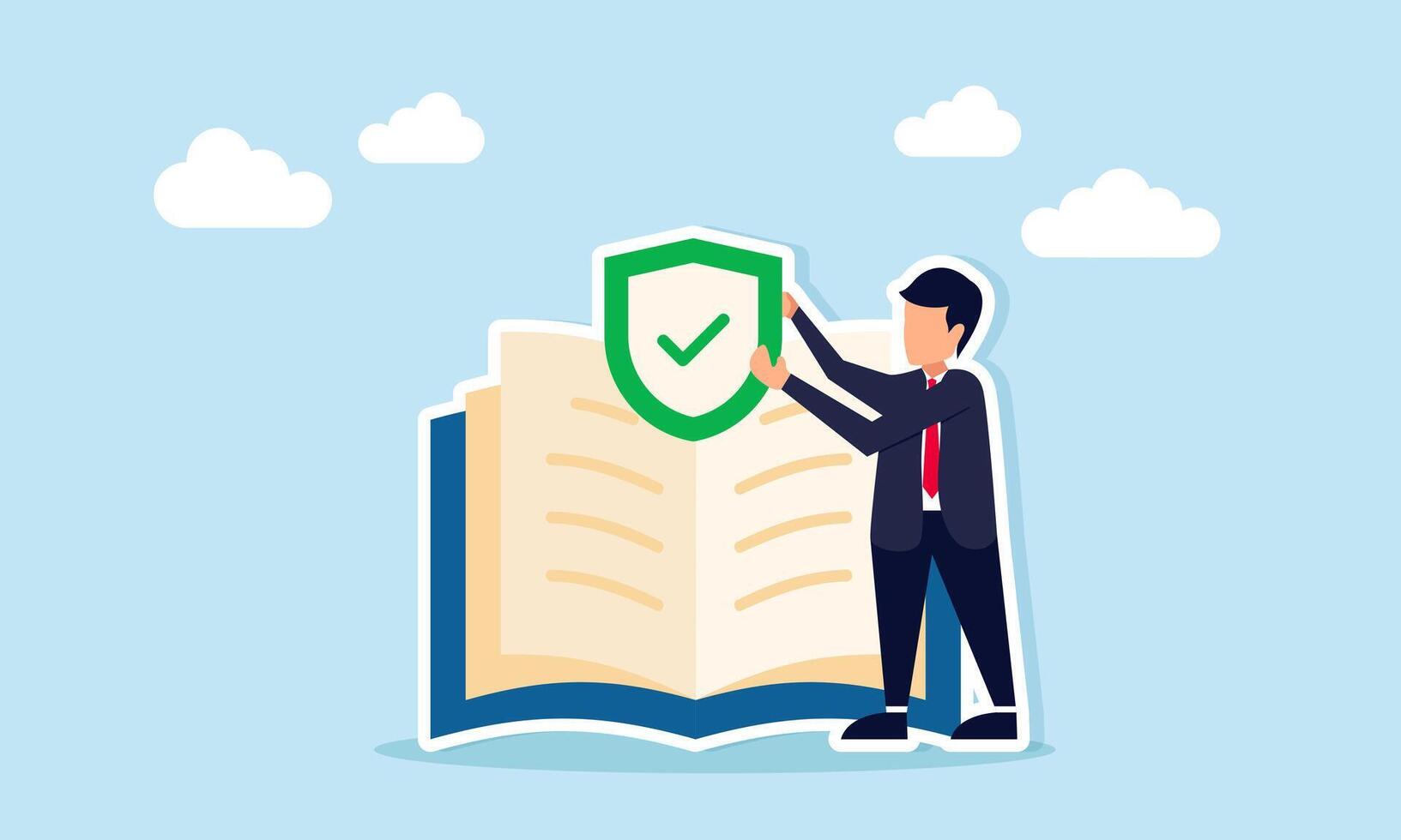 Businessman near a book holding a shield with a check mark, illustration of literacy related to business insurance vector