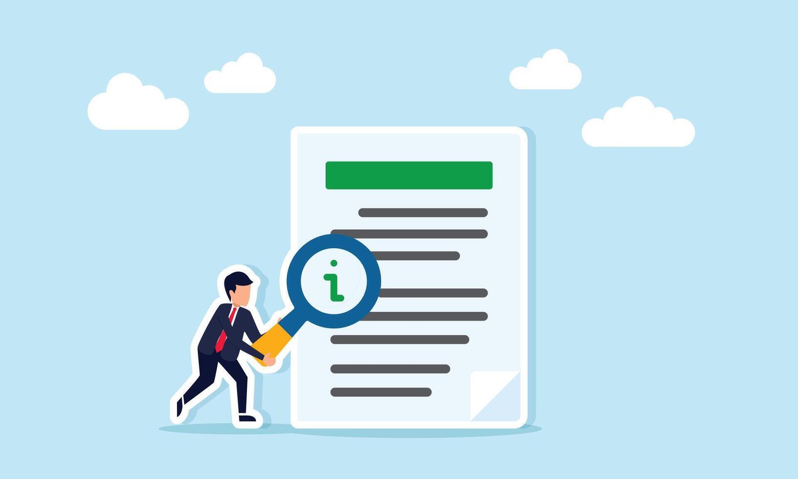 businessman holding a magnifying glass marked with the letter i to examine a document, illustration of observing and studying product information or usage instructions vector